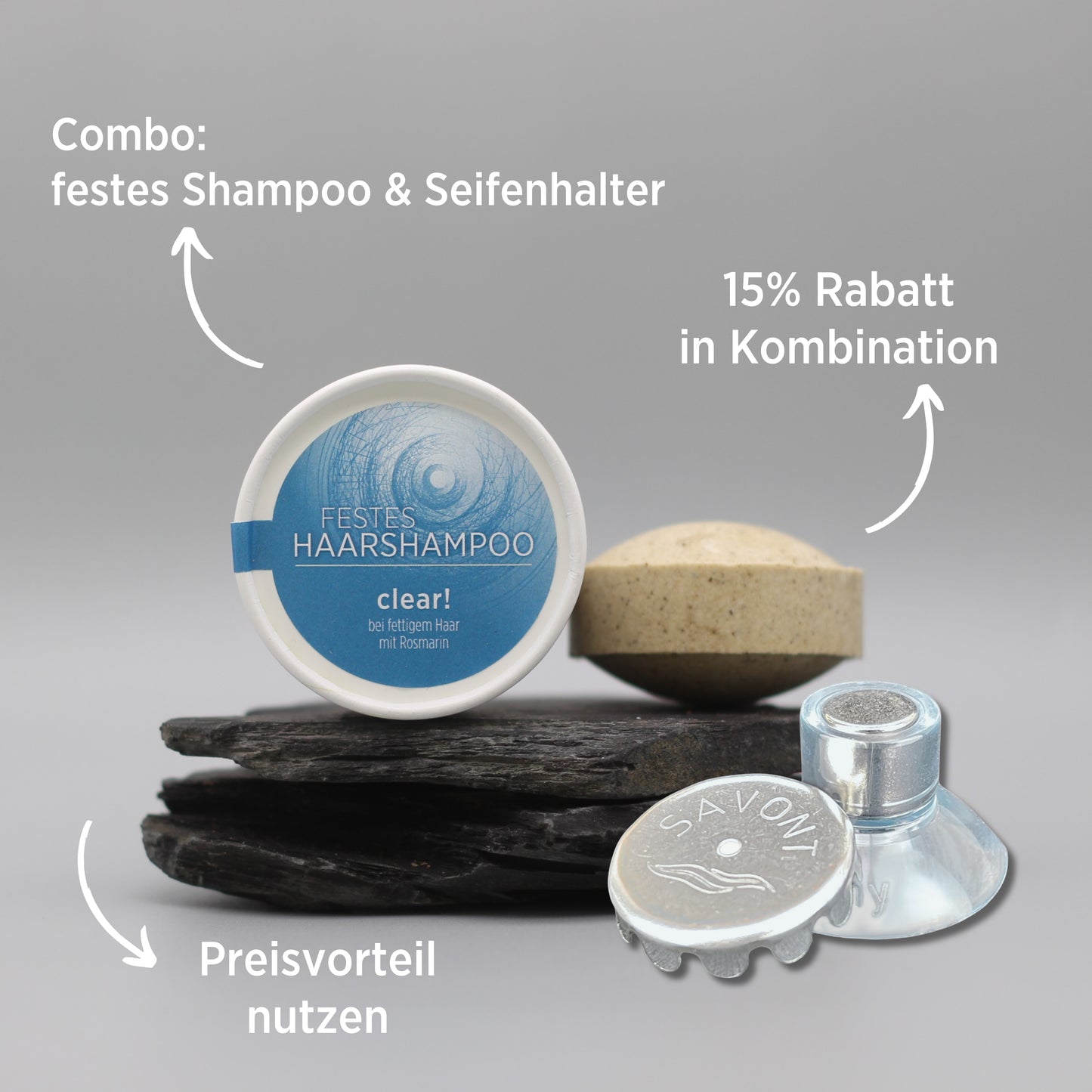 Set: festes Shampoo für fettiges Haar und Seifenhalter