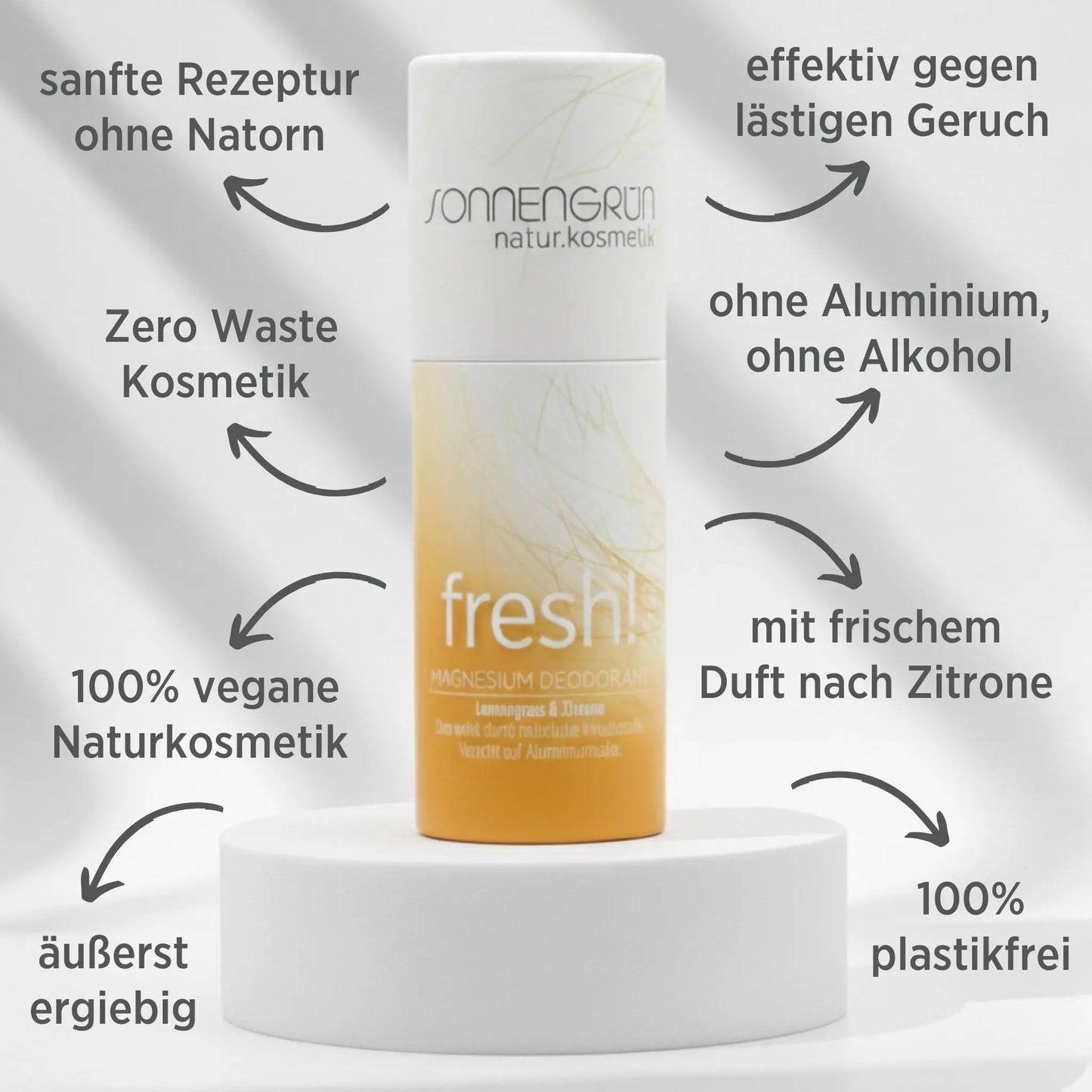 Auf dem Bild sieht Deostick vor weißem Hintergrund. Der Deostick hat ein gelbes Etikett und Duftet nach Zitrone, zudem sieht man in schwarzer Schrift die Vorteile des Deos geschrieben.
