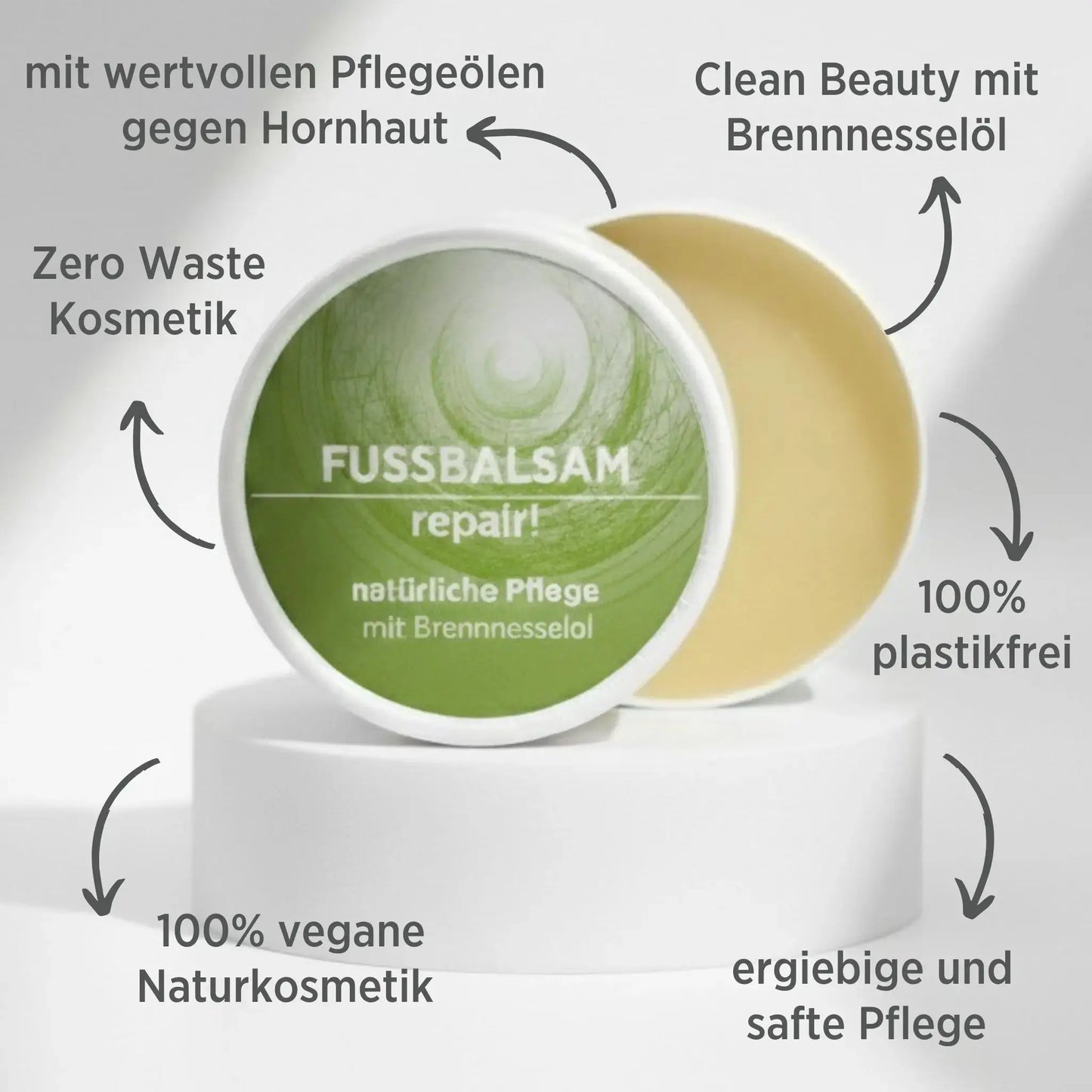 Fußbalsam mit natürlichen Inhaltsstoffen für rissige Hornhaut mit Brennnesselöl, Gesichtsbalsam ist in weißem, zylindrischem Karton verpackt mit grünem Etikett, zudem sind detaillierte Produktinformationen am Bild zu lesen.