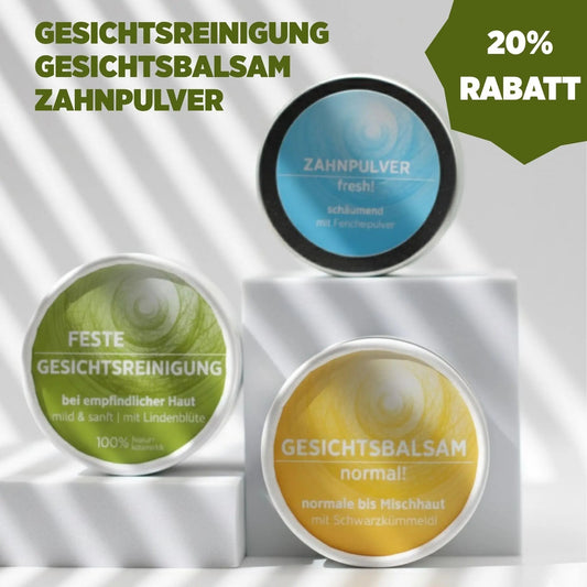 Sonnengrün Bundle mit Gesichtsreinigung, Gesichtsbalsam und Zahnpulver – nachhaltige, plastikfreie Naturkosmetik im Vorteilsset