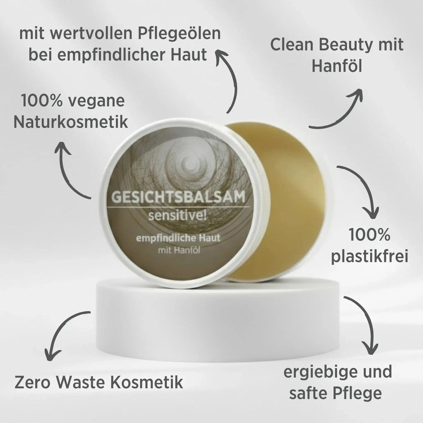 Gesichtsbalsam mit natürlichen Inhaltsstoffen für empfindliche Haut mit Hanföl, Gesichtsbalsam ist in weißem, zylindrischem Karton verpackt mit rotem Etikett, zudem sind detaillierte Produktinformationen am Bild zu lesen.