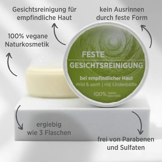 Feste Gesichtsreinigung für empfindliche Haut von Sonnengrün auf weißem Podest – natürliche, vegane und plastikfreie Gesichtspflege für sensible Haut