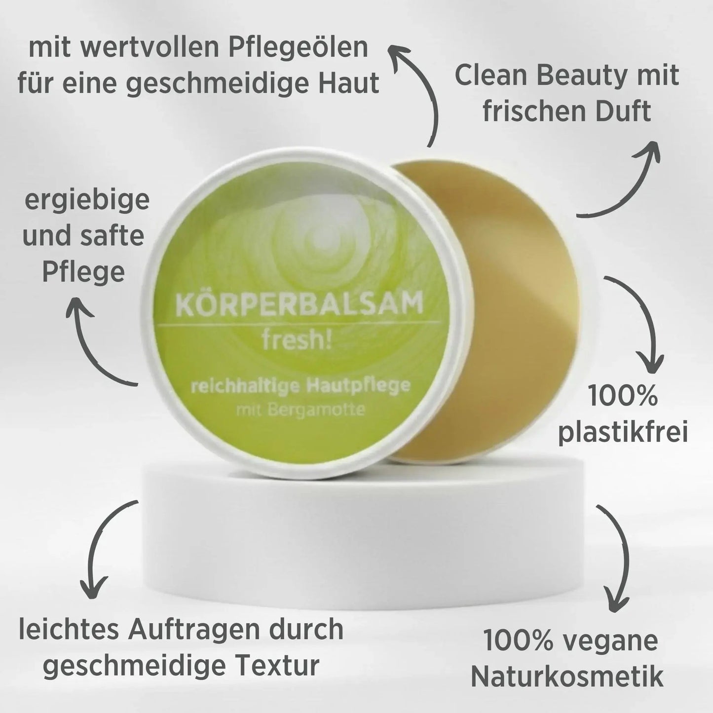 Körperbalsam mit natürlichen Inhaltsstoffen mit herrlichem Duft nach Bergamotte, Balsam ist in weißem, zylindrischem Karton verpackt mit gelbem Etikett. Die Vorteil des Balsams sind mit dunkler Schrift um das Produkt angeführt.
