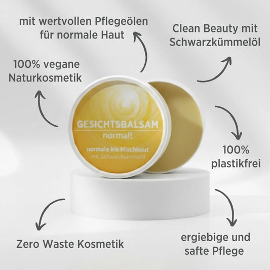 Gesichtsbalsam mit natürlichen Inhaltsstoffen für normale Haut mit Schwarzkümmelöl, Gesichtsbalsam ist in weißem, zylindrischem Karton verpackt mit gelbem Etikett, zudem sind detaillierte Produktinformationen am Bild zu lesen.