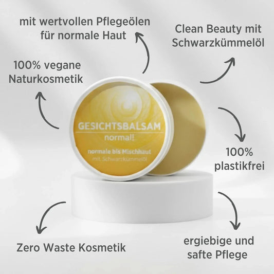 Gesichtsbalsam mit natürlichen Inhaltsstoffen für normale Haut mit Schwarzkümmelöl, Gesichtsbalsam ist in weißem, zylindrischem Karton verpackt mit gelbem Etikett, zudem sind detaillierte Produktinformationen am Bild zu lesen.