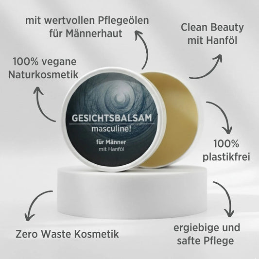 Gesichtsbalsam mit natürlichen Inhaltsstoffen für Männer mit Brennnesselöl, Gesichtsbalsam ist in weißem, zylindrischem Karton verpackt mit rotem Etikett, zudem sind detaillierte Produktinformationen am Bild zu lesen.