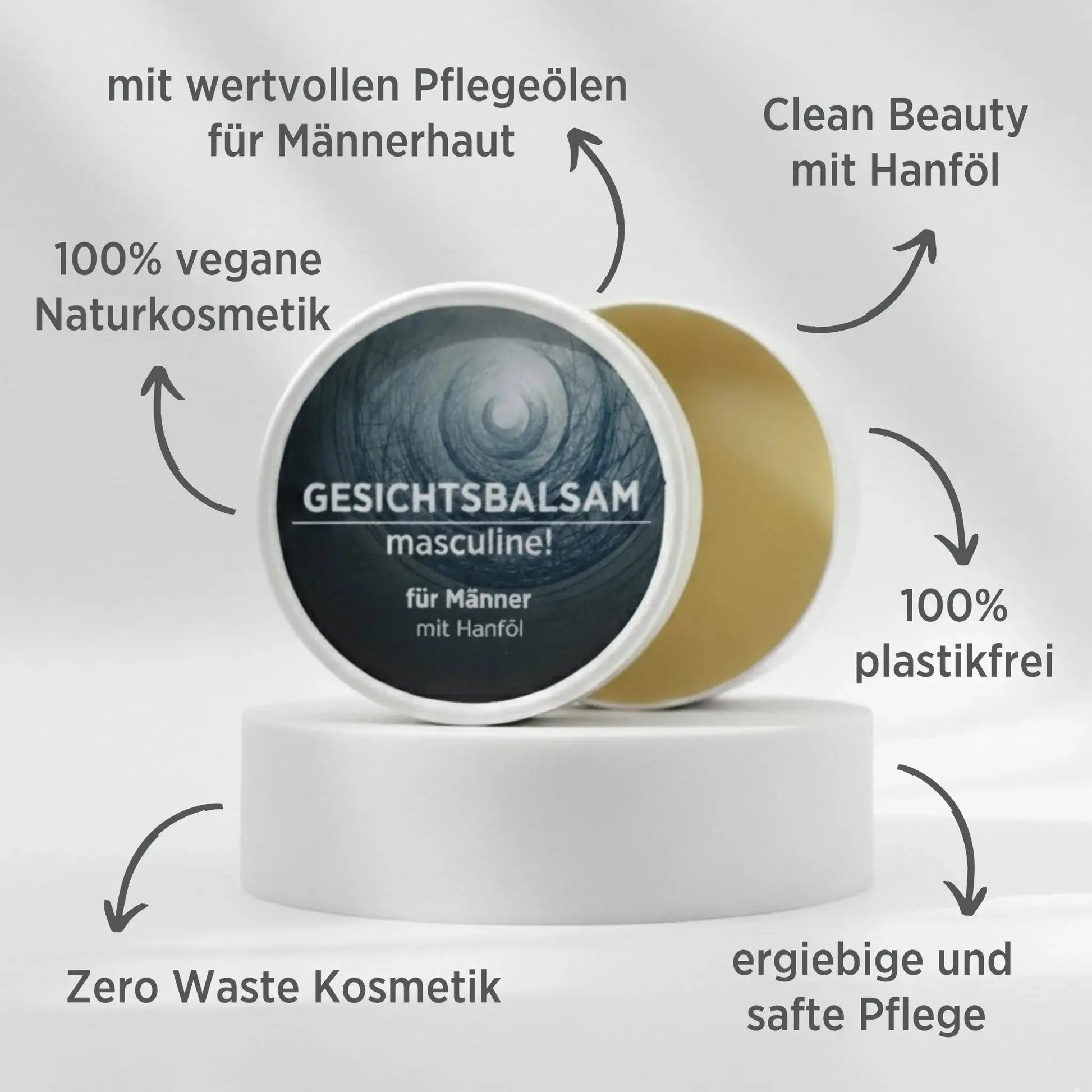 Gesichtsbalsam mit natürlichen Inhaltsstoffen für Männer mit Brennnesselöl, Gesichtsbalsam ist in weißem, zylindrischem Karton verpackt mit rotem Etikett, zudem sind detaillierte Produktinformationen am Bild zu lesen.