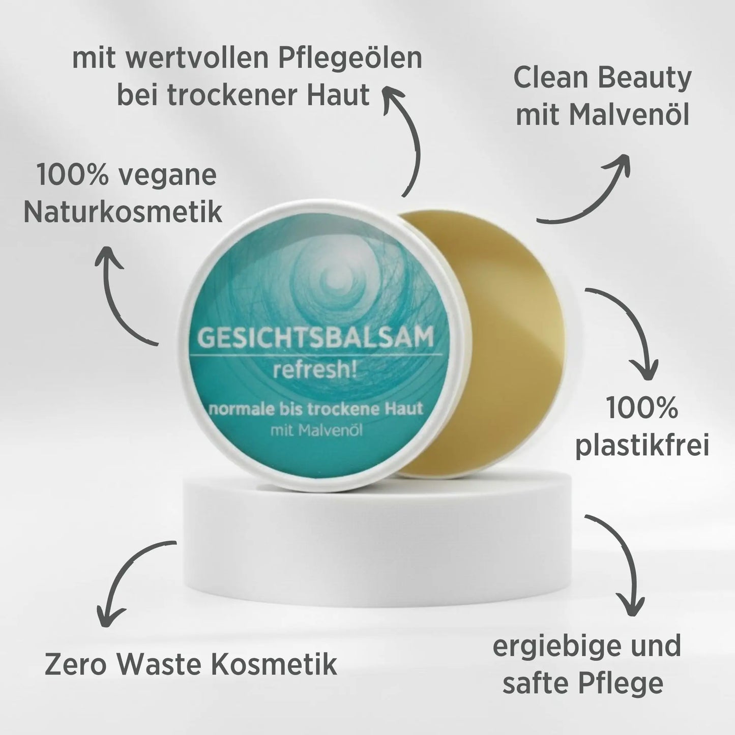Gesichtsbalsam mit natürlichen Inhaltsstoffen bei trockener Haut mit Malvenöl, Gesichtsbalsam ist in weißem, zylindrischem Karton verpackt mit türkisem Etikett, zudem sind detaillierte Produktinformationen am Bild zu lesen.
