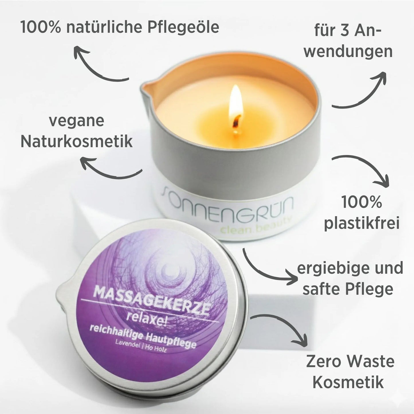 Massagekerze "relaxe!" Sonnengrün mit Vorteilen beschriftet
