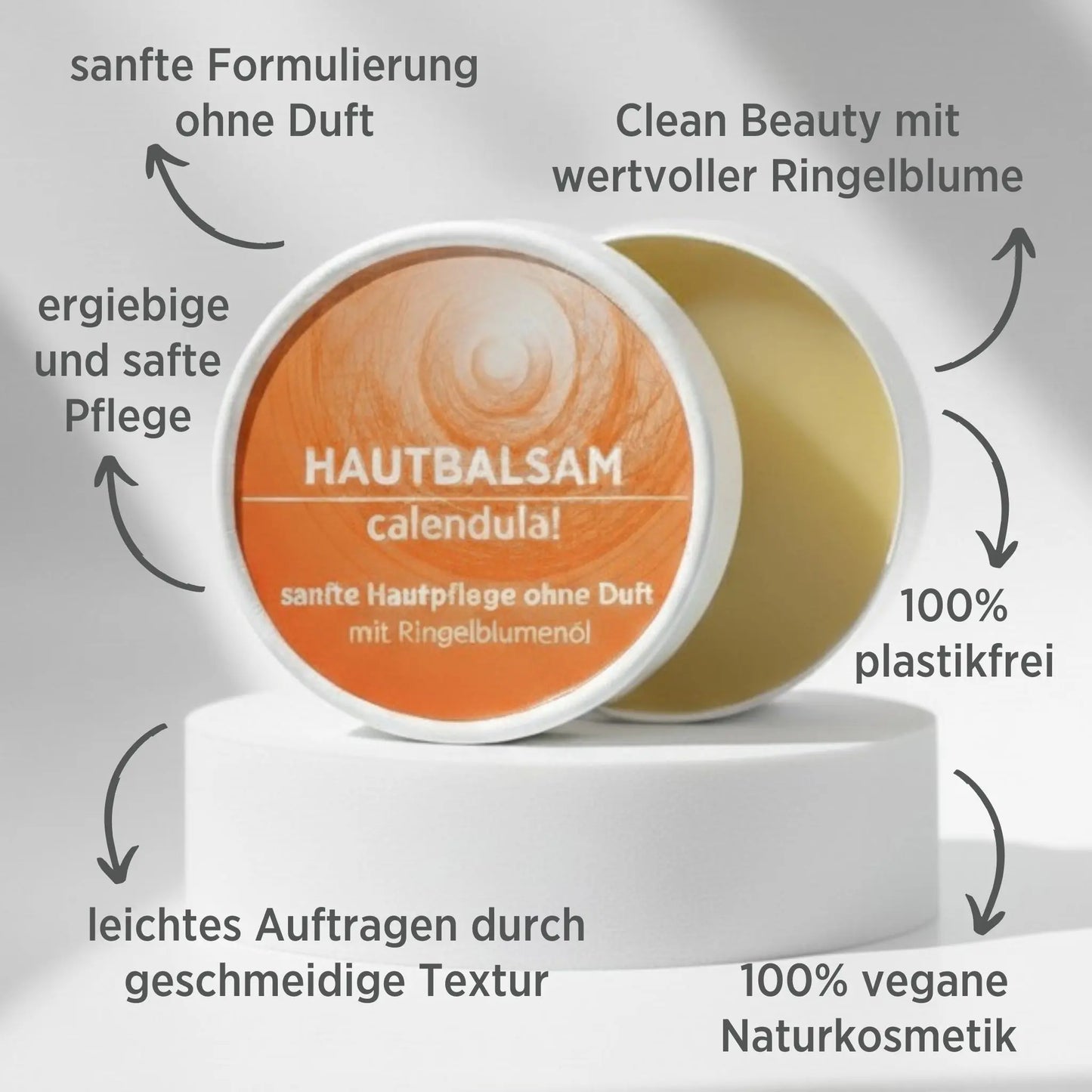 Hautbalsam mit mit Ringelblume für empfindliche Haut. Ringelblumenbalsam ist in weißem, zylindrischem Karton verpackt mit orangem Etikett, zudem sind detaillierte Produktinformationen am Bild zu lesen.