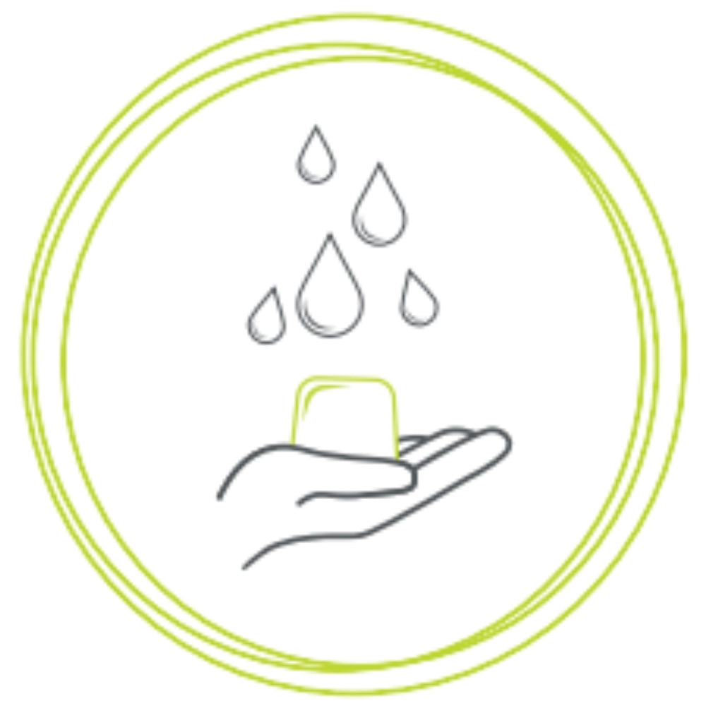 Grafik mit fester Gesichtsreinigung in flacher Hand, Abbildung von Wassertropfen, die symbolisieren, dass Gesichtsreinigung nass gemacht werden muss