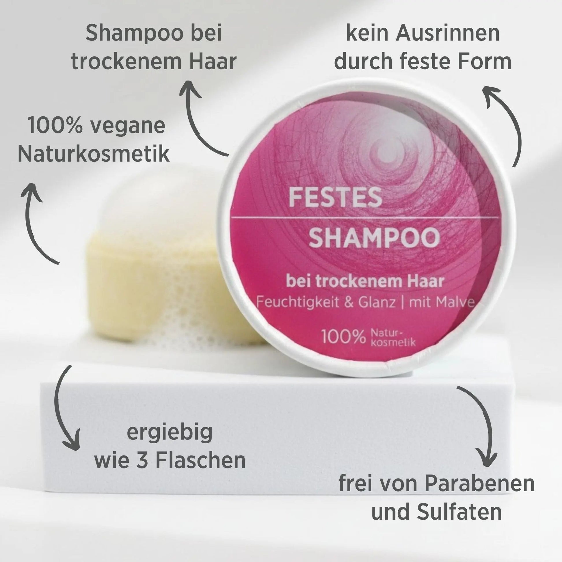 Festes Shampoo für trockenes Haar von Sonnengrün auf weißem Podest – natürliche, vegane und plastikfreie Haarpflege mit intensiver Feuchtigkeit