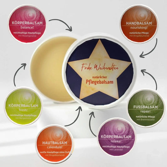 Auf dem Bild sieht man den Körperbalsam mit Weihnachtsetikett. Auf dem Etikett sind weihnachtliche Motive abgebildet. Rund um den Balsam sind die unterschiedlichen Sorten der Pflegebalsame abgebildet, Pfeile zeigen auf den feierlich gestalteten Balsam, was signalisieren soll, dass die einzelnen Balsame mit dem Weihnachtsetikett gestaltet werden können.