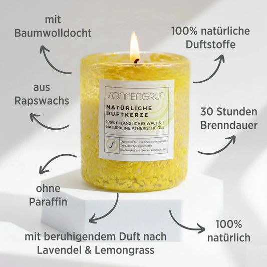 Duftkerze "balance!" | Lavendel und Lemongrass - gelbes Glas - Sonnengrün | Rapswachskerze