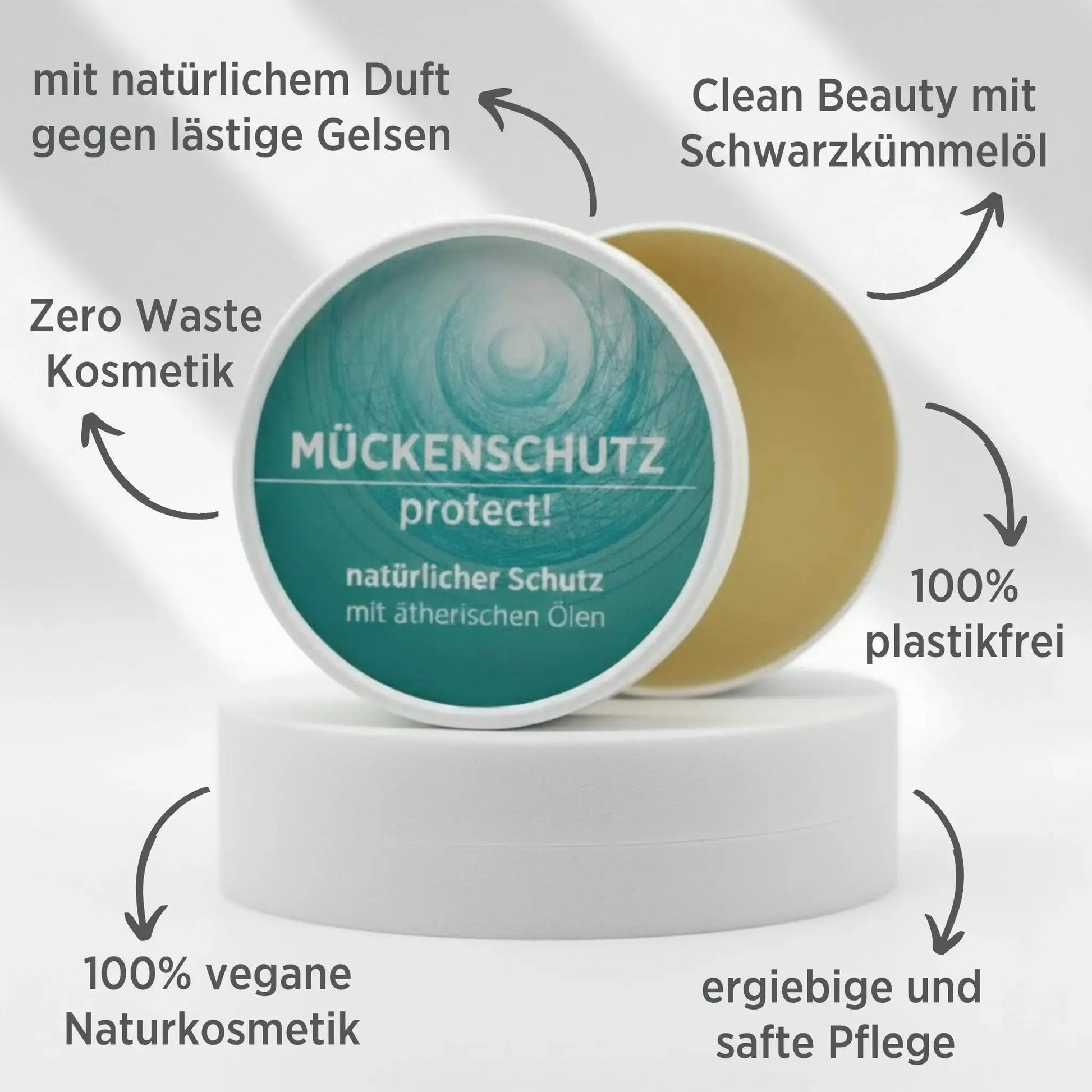 Mückenschutz mit natürlichen Inhaltsstoffen für einem effektiven Schutz gegen Gelsen mit Schwarzkümmelöl, Balsam ist in weißem, zylindrischem Karton verpackt mit türkisem Etikett, zudem sind detaillierte Produktinformationen am Bild zu lesen.