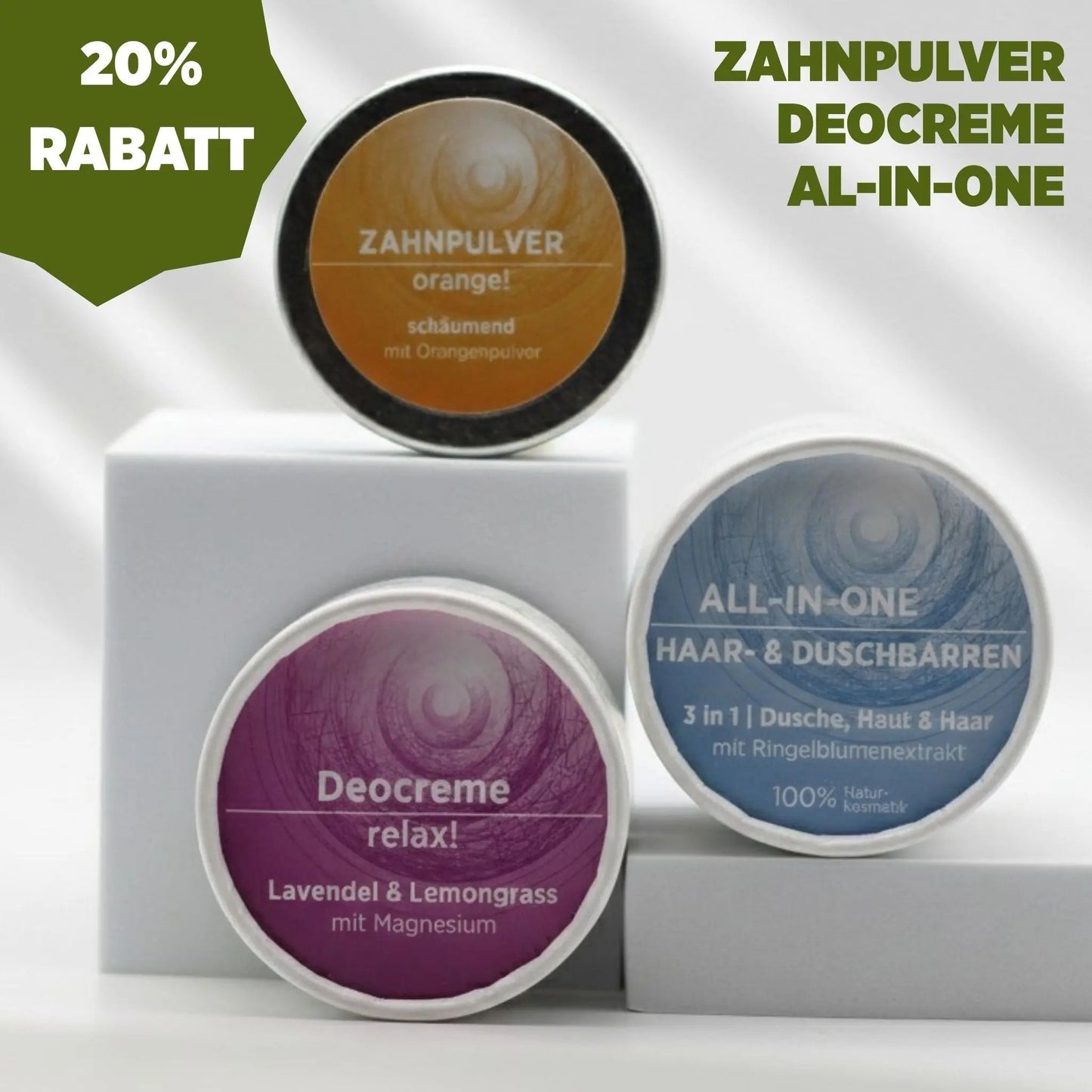 Sonnengrün Bundle mit Haar- und Duschbarren, Deocreme und Zahnpulver – nachhaltige, plastikfreie Naturkosmetik im Vorteilsset