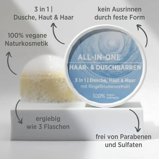 All-in-One Haar- und Duschbarren von Sonnengrün auf weißem Podest – natürliche, vegane und plastikfreie Pflege für Haut und Haar