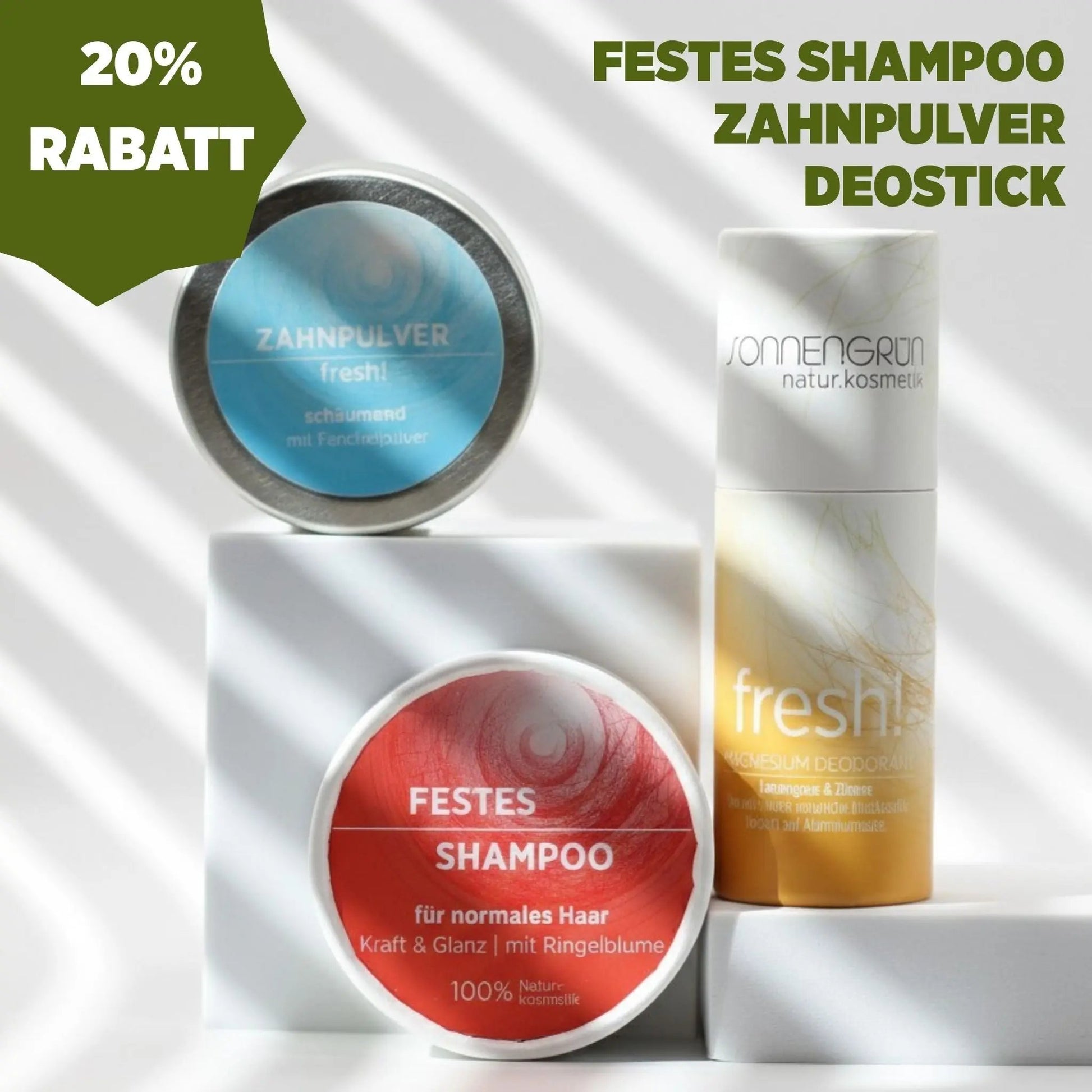 Sonnengrün Bundle-Angebot mit festem Shampoo, Deostick und Zahnpulver – natürliche, plastikfreie Pflegeprodukte im Rabatt-Set