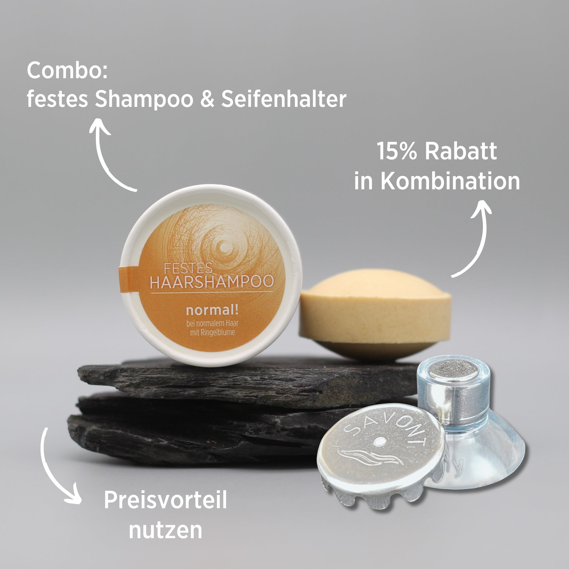 festes Shampoo und magnetischer Seifenhalte in Kombination