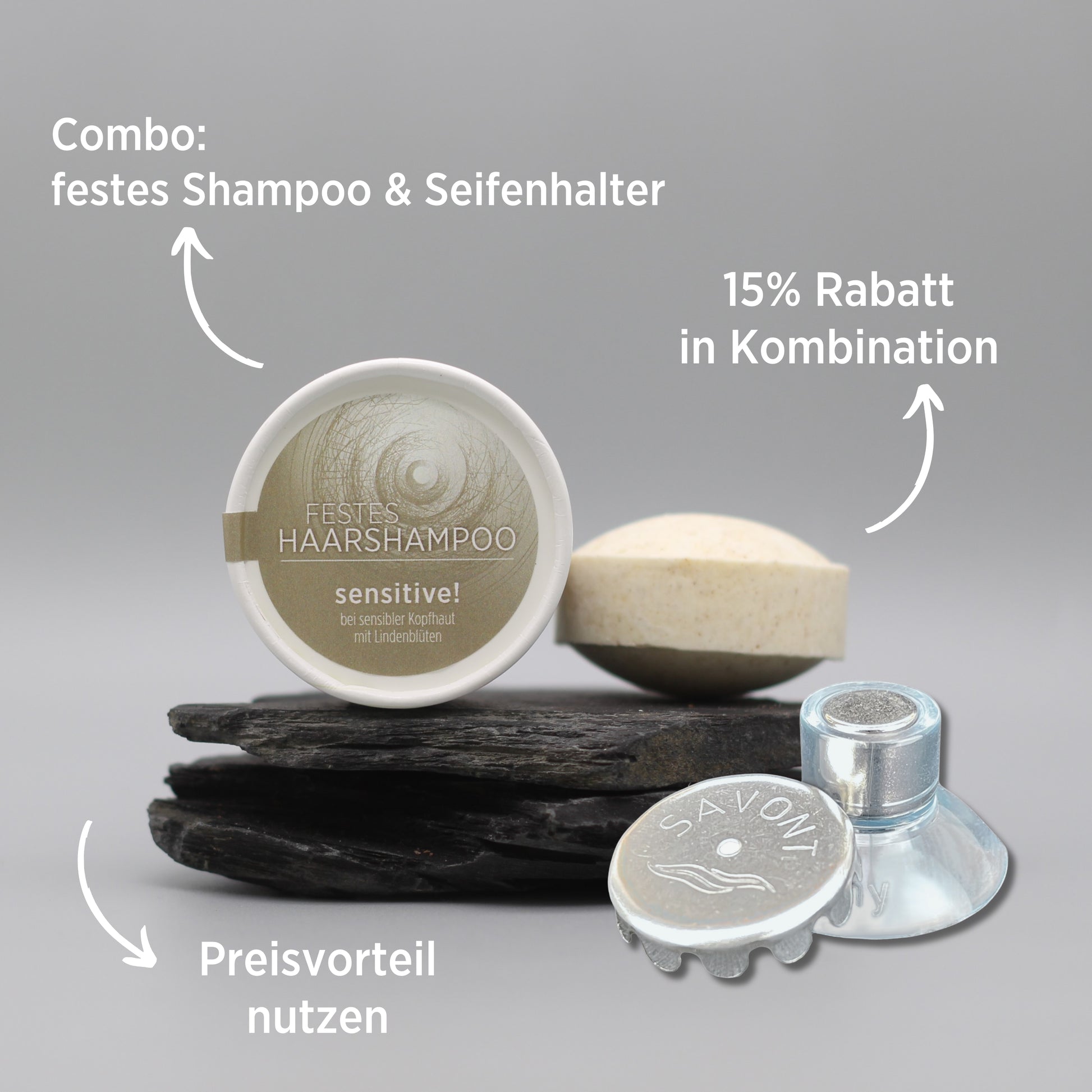 festes Shampoo für empfindliche Kopfhaut in Kombination mit Seifenhalter
