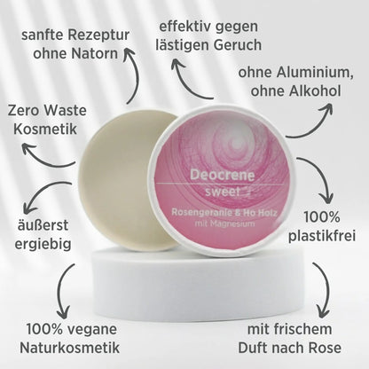 Deocreme mit natürlichen Inhaltsstoffen für empfindliche Haut, ohne Alkohol, Aluminium und Natron. Duft nach Rose. Deo ist in weißem, zylindrischem Karton verpackt mit rosa Etikett, zudem sind detaillierte Produktinformationen am Bild zu lesen.