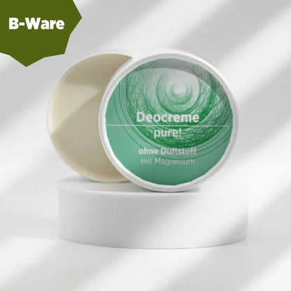 Deocreme mit natürlichen Inhaltsstoffen für empfindliche Haut, ohne Alkohol, Aluminium und Natron. Ganz ohne Duftstoff. Deo ist in weißem, zylindrischem Karton verpackt mit grünem Etikett. B-Ware, Verpackung beschädigt.