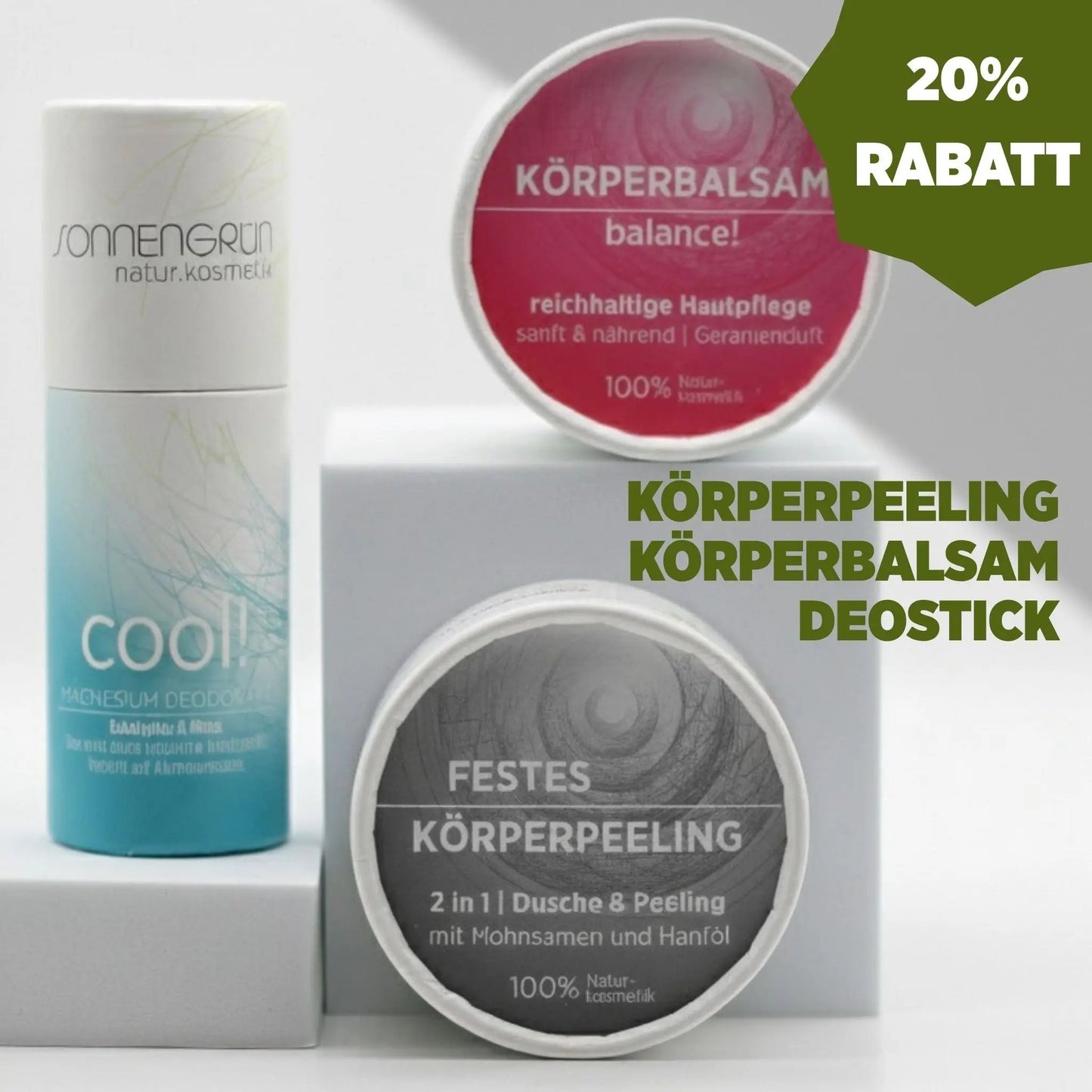Sonnengrün Bundle mit Deostick, Körperpeeling und Körperbalsam – nachhaltige, plastikfreie Naturkosmetik im Vorteilsset