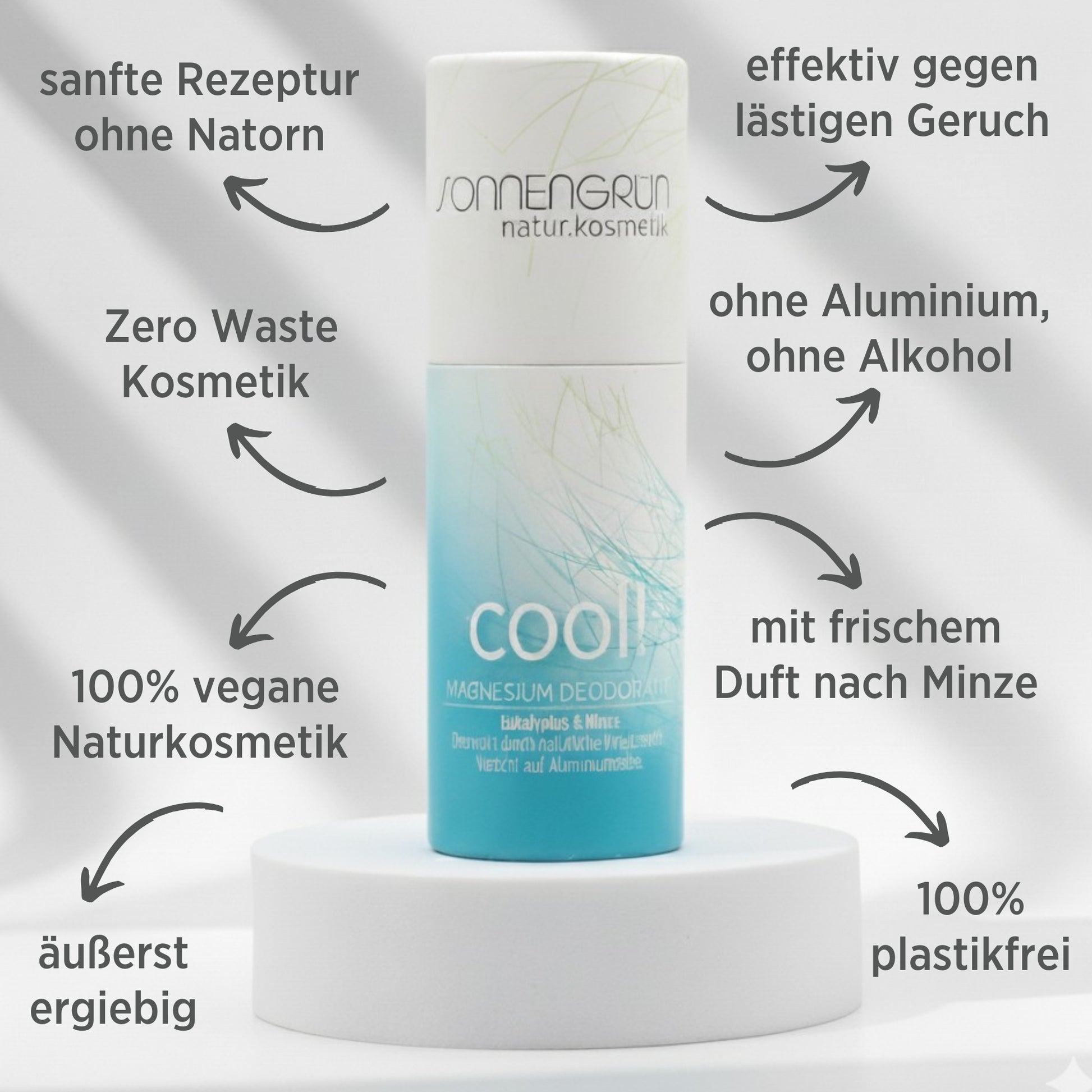 Auf dem Bild sieht Deostick vor weißem Hintergrund. Der Deostick hat ein türkises Etikett und duftet nach Minze, zudem sieht man in schwarzer Schrift die Vorteile des Deos geschrieben.