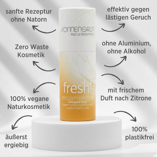 Auf dem Bild sieht Deostick vor weißem Hintergrund. Der Deostick hat ein gelbes Etikett und Duftet nach Zitrone, zudem sieht man in schwarzer Schrift die Vorteile des Deos geschrieben.