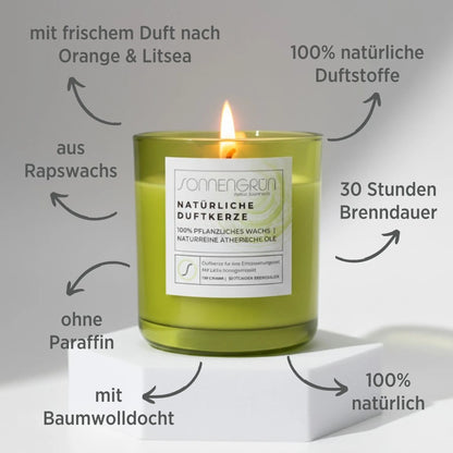 Natürliche Duftkerze aus Rapswachs mit ätherischen Ölen von Sonnengrün – Infobild mit den Vorteilen der veganen Kerze