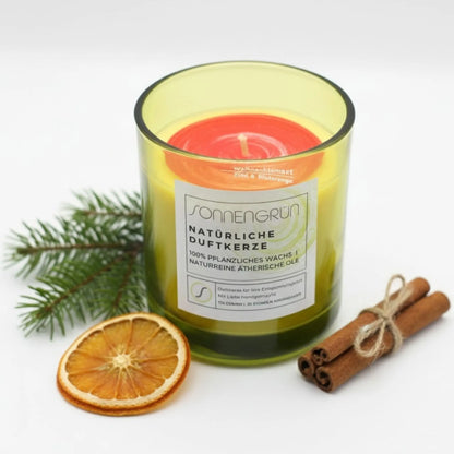 Handgegossene Duftkerze Blutorange-Zimt aus Rapswachs – vegane Naturkerze von Sonnengrün.