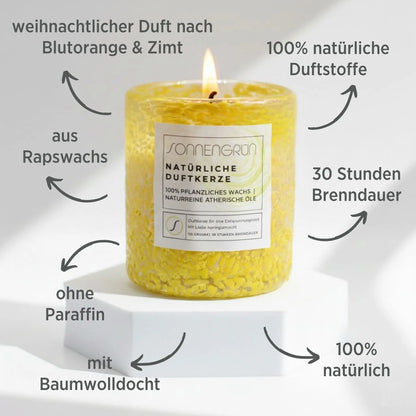 Natürliche Duftkerze aus Rapswachs mit ätherischen Ölen von Sonnengrün – Infobild mit den Vorteilen der veganen Kerze