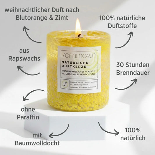 Natürliche Duftkerze aus Rapswachs mit ätherischen Ölen von Sonnengrün – Infobild mit den Vorteilen der veganen Kerze