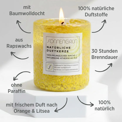 Handgegossene Duftkerze Orange-Litsea aus Rapswachs – vegane Naturkerze von Sonnengrün.