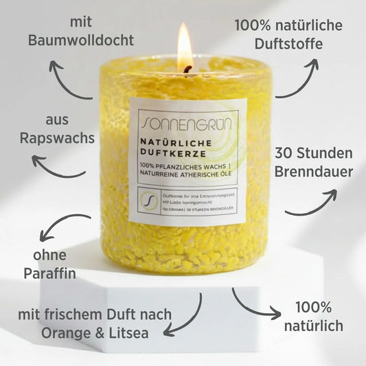 Handgegossene Duftkerze Orange-Litsea aus Rapswachs – vegane Naturkerze von Sonnengrün.