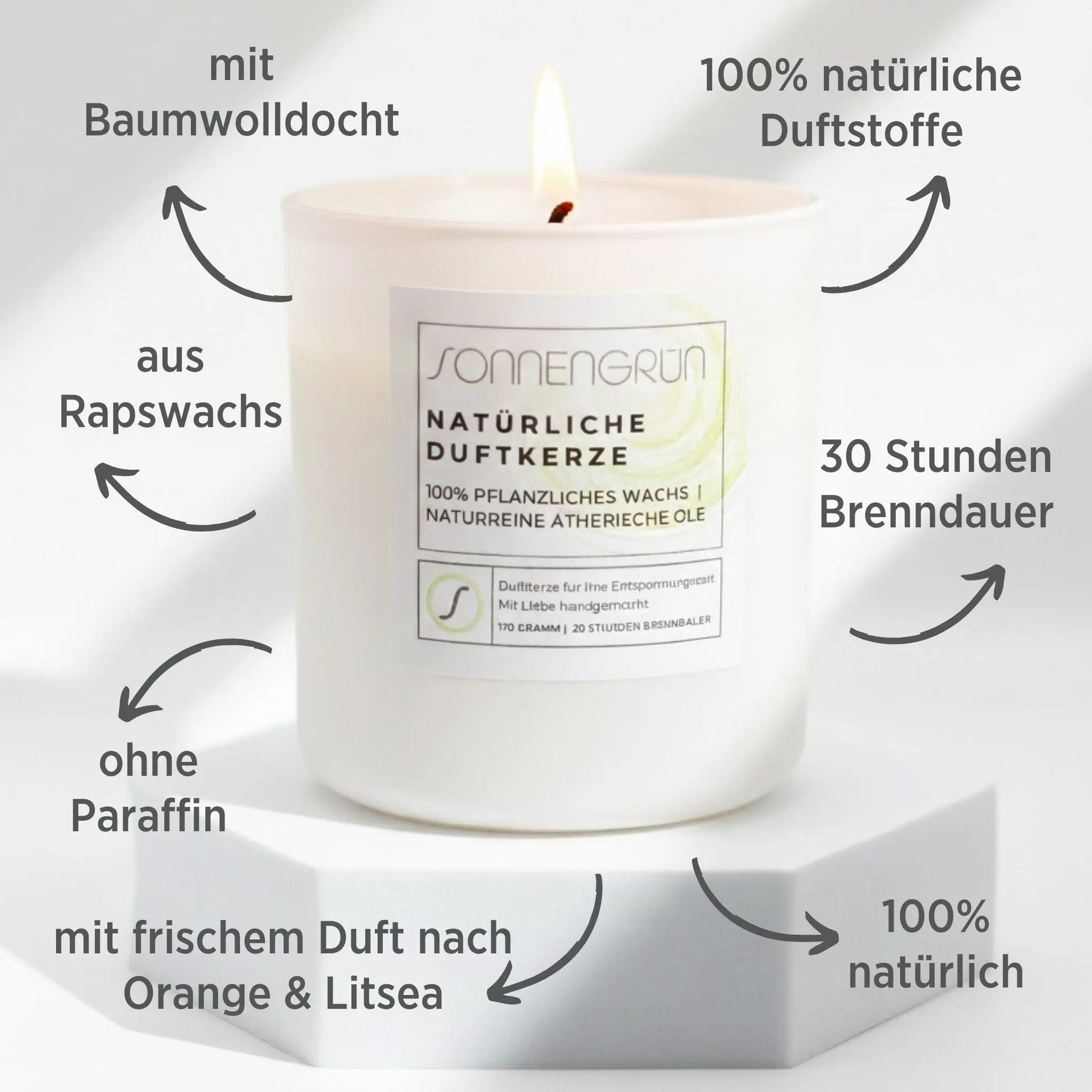 Natürliche Duftkerze aus Rapswachs mit ätherischen Ölen von Sonnengrün – Infobild mit den Vorteilen der veganen Kerze