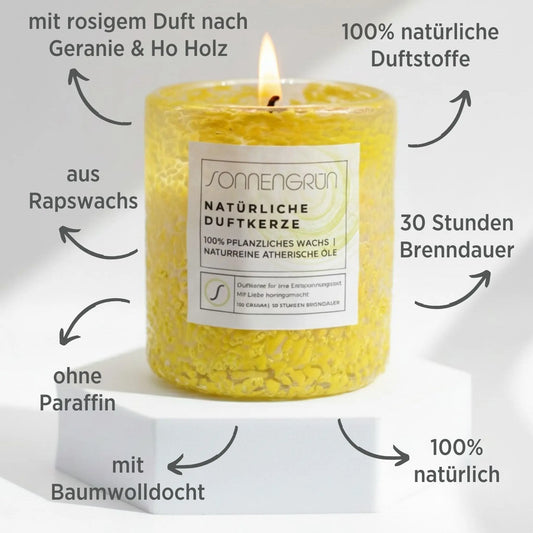 Auf diesem Foto sieht man die Duftkerze von Sonnengrün in einem gelben Glas auf einem weißen Podest stehen. Zudem sind rund um die Kerze mit dunkler Schrift die Vorteile der natürlichen Duftkerze angeführt.