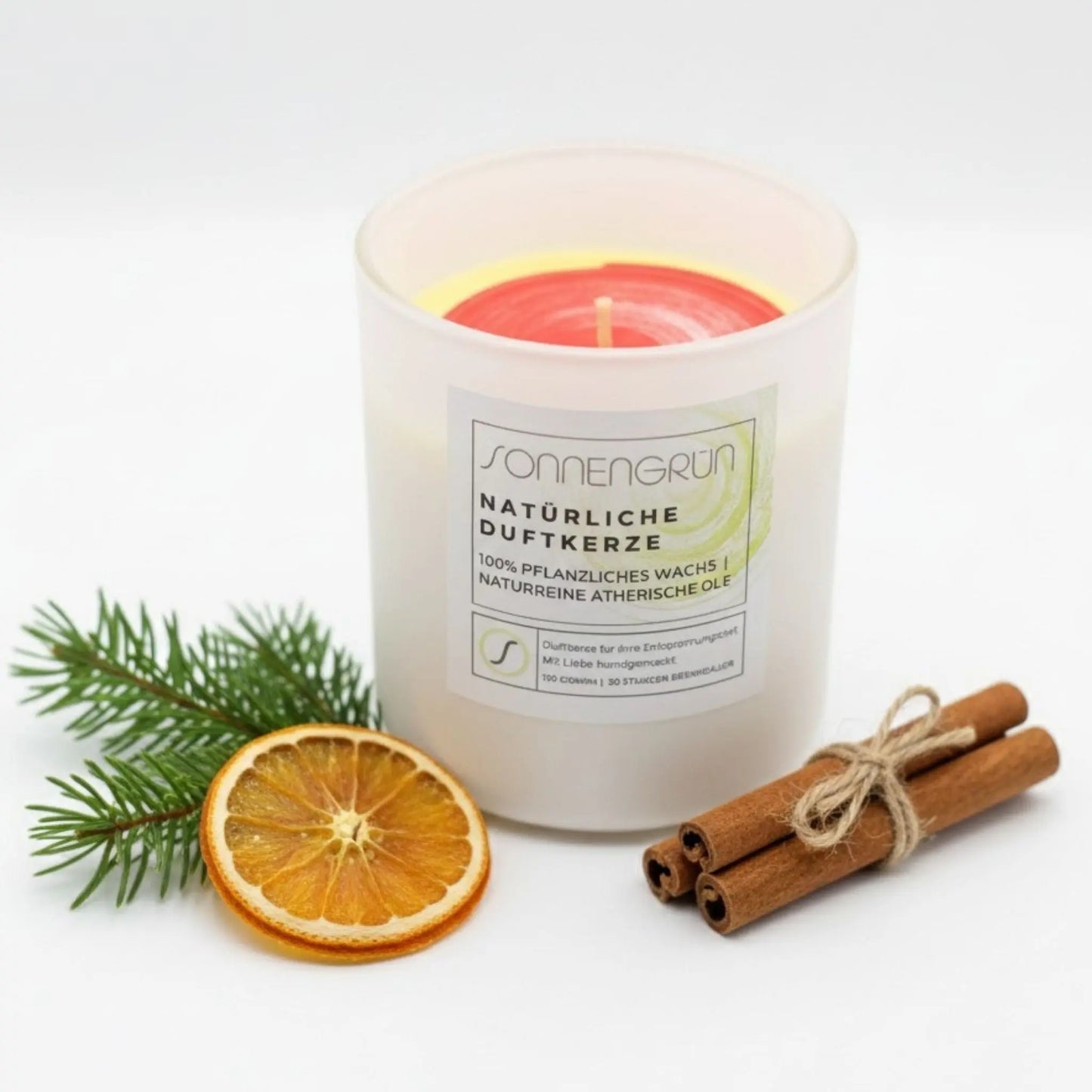 Handgegossene Duftkerze Blutorange-Zimt aus Rapswachs – vegane Naturkerze von Sonnengrün.