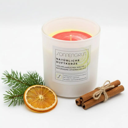 Handgegossene Duftkerze Blutorange-Zimt aus Rapswachs – vegane Naturkerze von Sonnengrün.