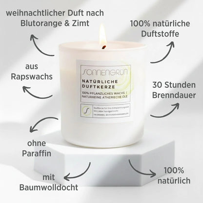 Natürliche Duftkerze aus Rapswachs mit ätherischen Ölen von Sonnengrün – Infobild mit den Vorteilen der veganen Kerze