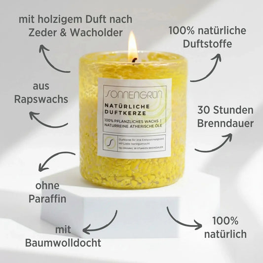 Auf diesem Foto sieht man die Duftkerze von Sonnengrün in einem gelben Glas auf einem weißen Podest stehen. Zudem sind rund um die Kerze mit dunkler Schrift die Vorteile der natürlichen Duftkerze angeführt.
