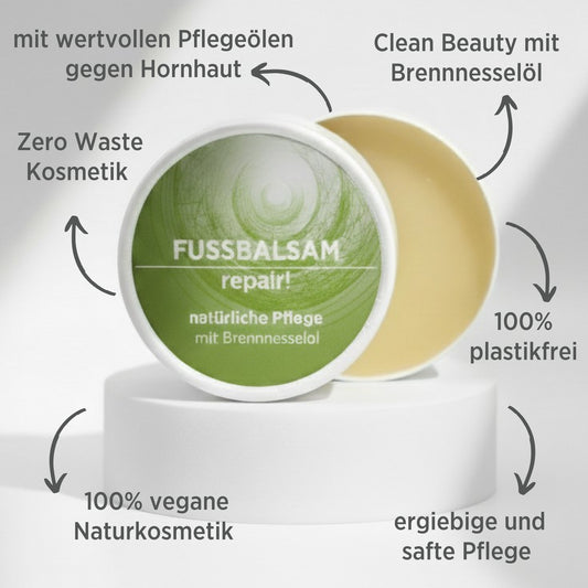 Fußbalsam mit natürlichen Inhaltsstoffen für rissige Hornhaut mit Brennnesselöl, Gesichtsbalsam ist in weißem, zylindrischem Karton verpackt mit grünem Etikett, zudem sind detaillierte Produktinformationen am Bild zu lesen.