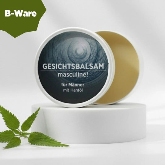Gesichtsbalsam mit natürlichen Inhaltsstoffen für Männer mit Brennnesselöl, Gesichtsbalsam ist in weißem, zylindrischem Karton verpackt mit rotem Etikett. B-Ware, Verpackung beschädigt.