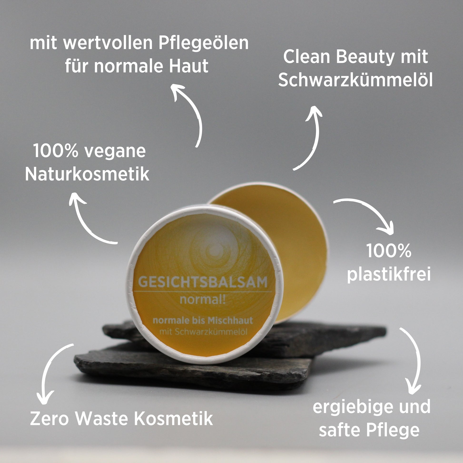 Gesichtsbalsam mit natürlichen Inhaltsstoffen für normale Haut mit Schwarzkümmelöl, Gesichtsbalsam ist in weißem, zylindrischem Karton verpackt mit gelbem Etikett, zudem sind detaillierte Produktinformationen am Bild zu lesen.