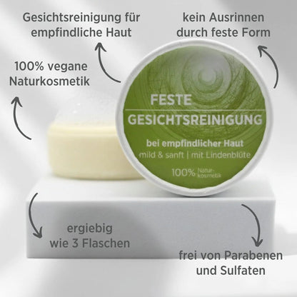 Feste Gesichtsreinigung für empfindliche Haut von Sonnengrün auf weißem Podest – natürliche, vegane und plastikfreie Gesichtspflege für sensible Haut