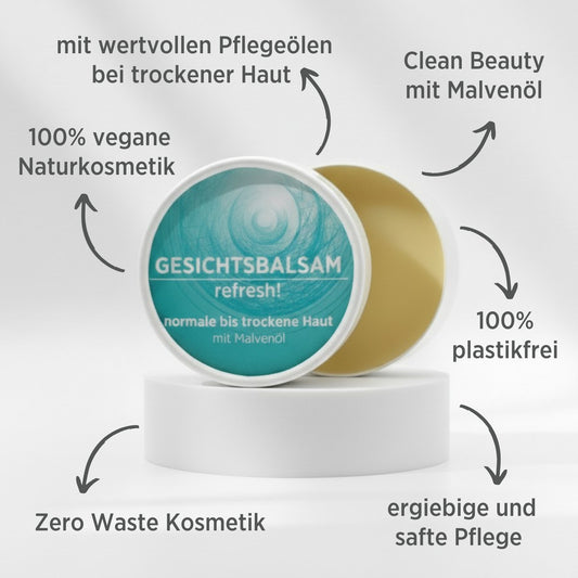 Gesichtsbalsam mit natürlichen Inhaltsstoffen bei trockener Haut mit Malvenöl, Gesichtsbalsam ist in weißem, zylindrischem Karton verpackt mit türkisem Etikett, zudem sind detaillierte Produktinformationen am Bild zu lesen.