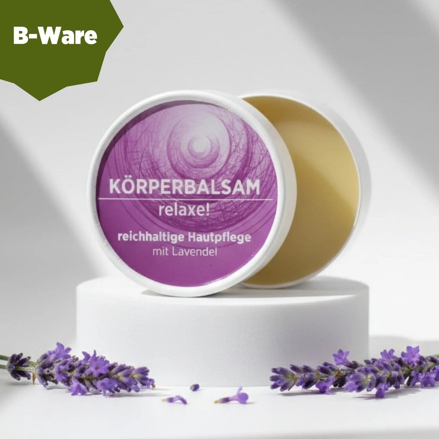 Körperbalsam mit natürlichen Inhaltsstoffen mit herrlichem Lavendelduft, Balsam ist in weißem, zylindrischem Karton verpackt mit violettem Etikett. B-Ware, Verpackung beschädigt.