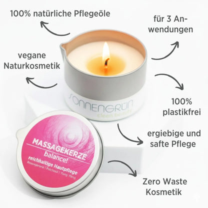 Massagekerze "balance!" Sonnengrün mit Vorteilen beschriftet