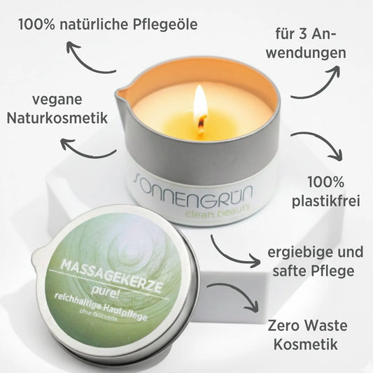Massagekerze "pure!" Sonnengrün, beschrieben mit Vorteilen