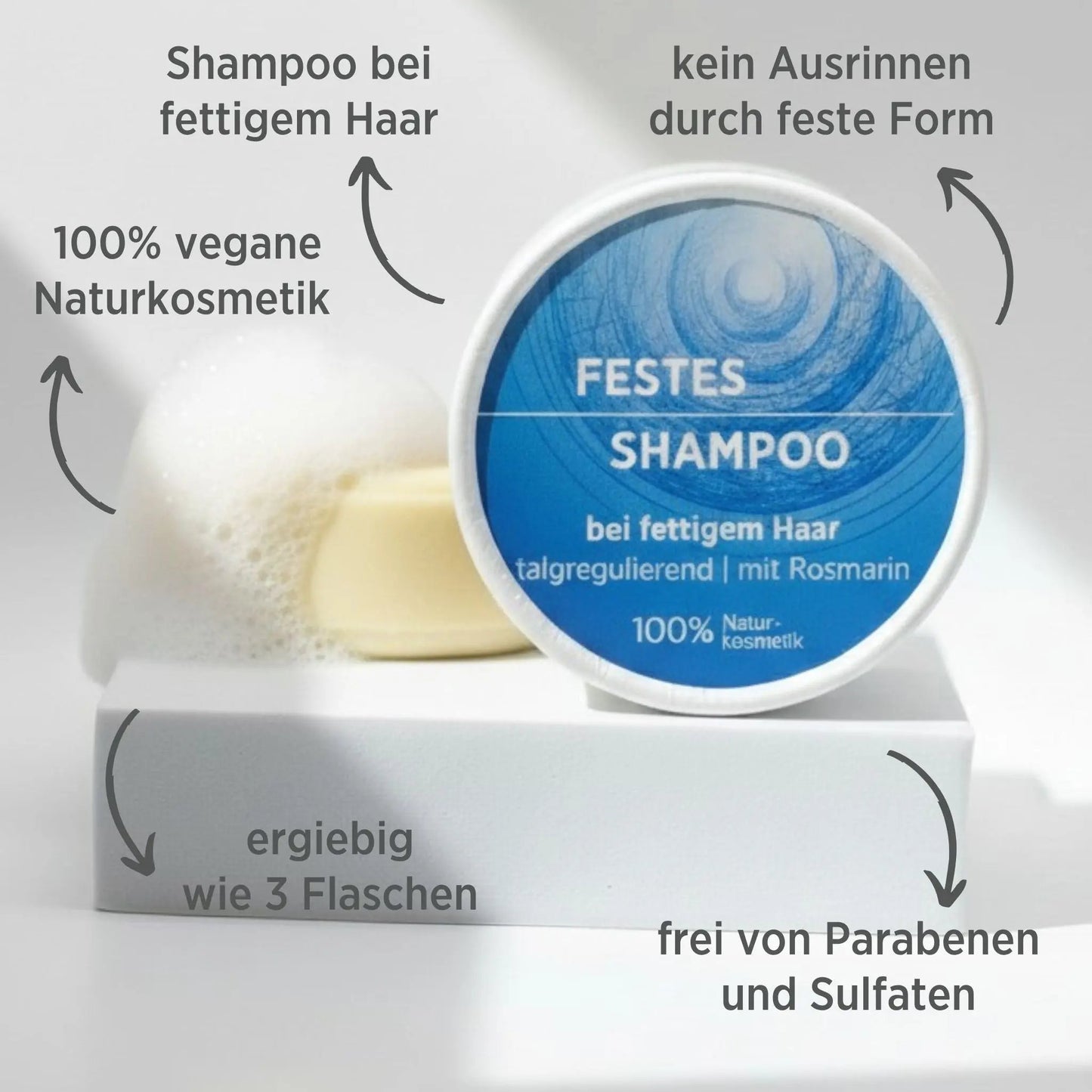 Veganes festes Shampoo für fettiges Haar von Sonnengrün – natürliche, plastikfreie Zero-Waste-Haarpflege mit Tiefenreinigung auf weißem Podest